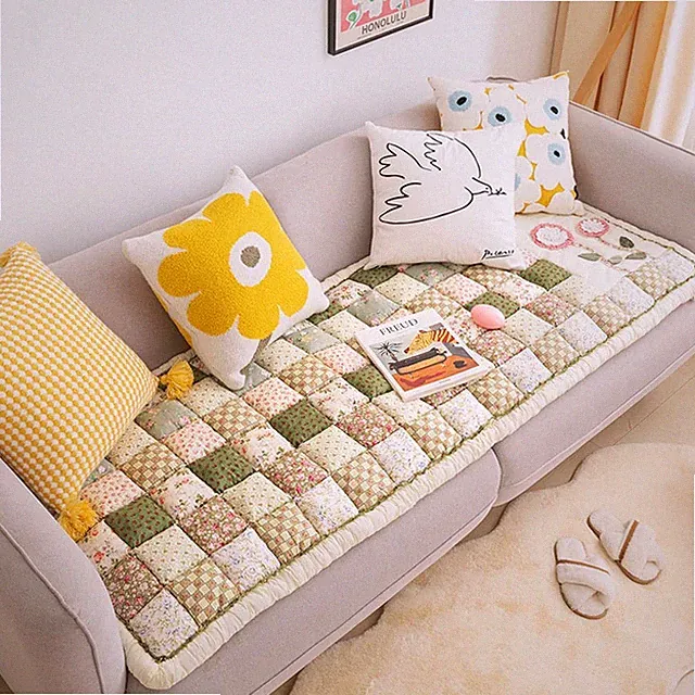 Bohemian Patchwork Sofa Cover Cotton Quilted Couch Cover Floor Mat Floral Pri...