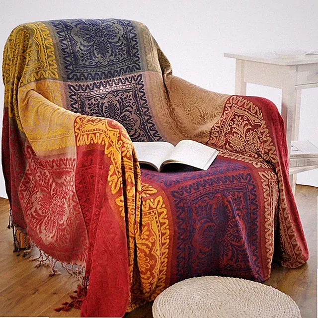Bohemian Throw Blankets Chenille Jacquard Tassels Soft Chair Cover for Bed Couch