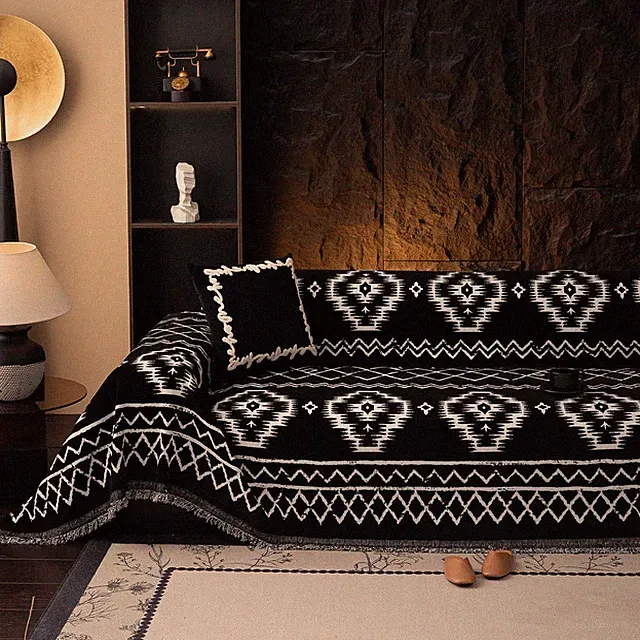 Boho Chenille Couch Cover for 3-Seater Sofa, Non-Slip, Pet-Friendly, Black