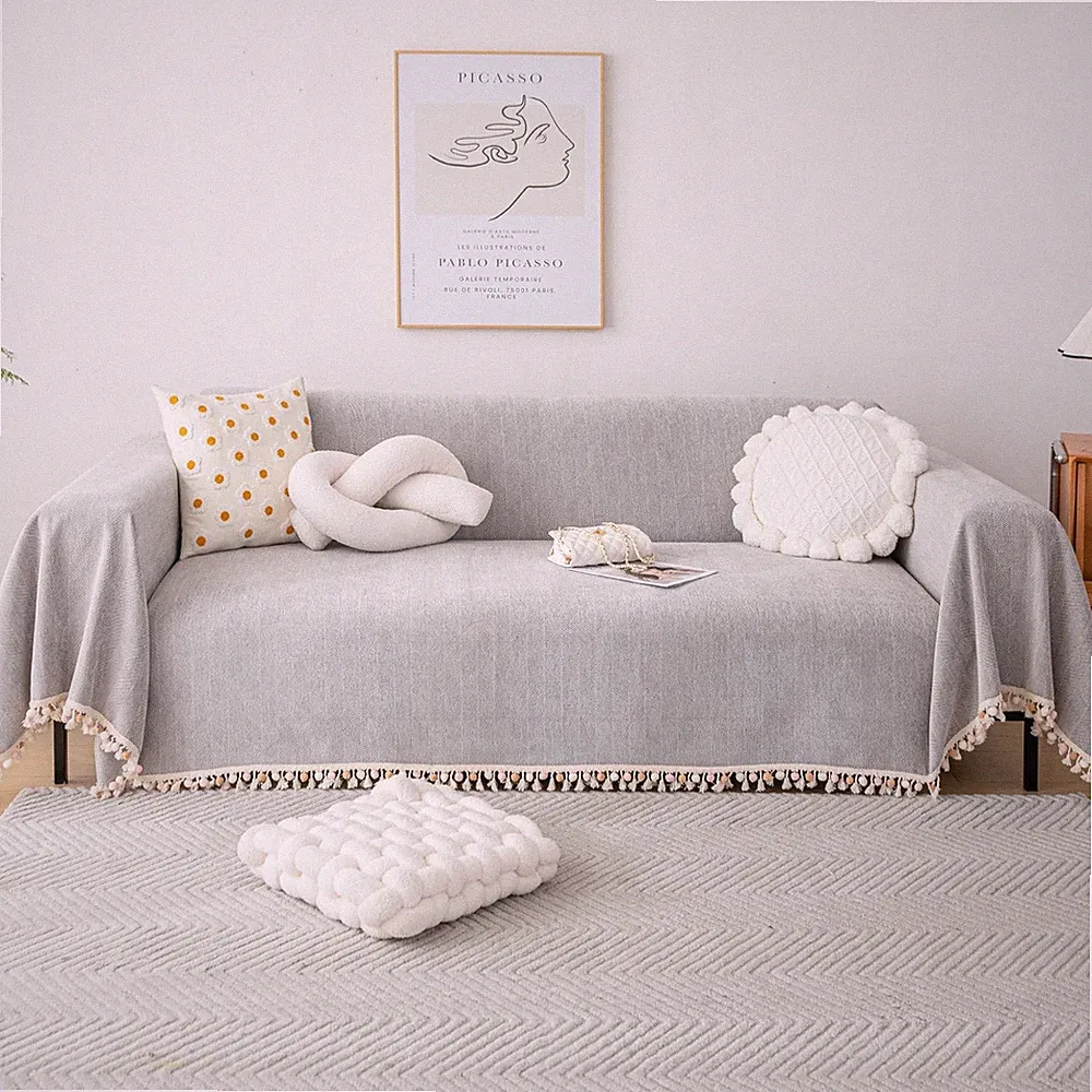 Boho Chenille Couch Cover for Sectional Sofa L Shape, Thick Herringbone Sofa Cov
