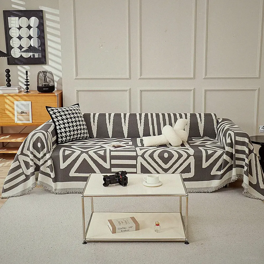 Boho Chenille Couch Cover for Sectional Sofa, Washable Dark Grey 71"x118