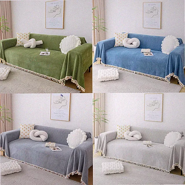 Boho Chenille Couch Cover w/ Tassel Pet-Friendly Sofa Throw Slipcover 2/3/4 Seat