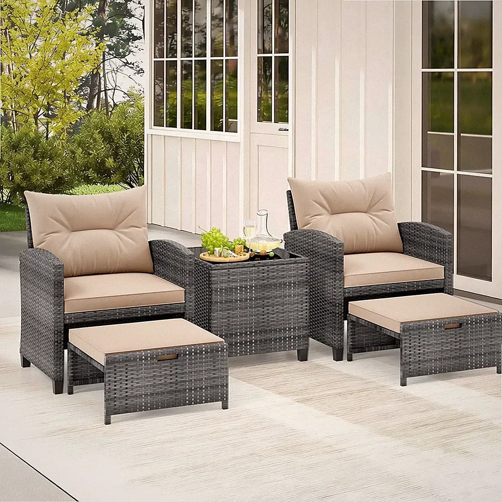Boho Chic 5-Piece Rattan Sofa Set with Glass Table for Indoor/Outdoor Use