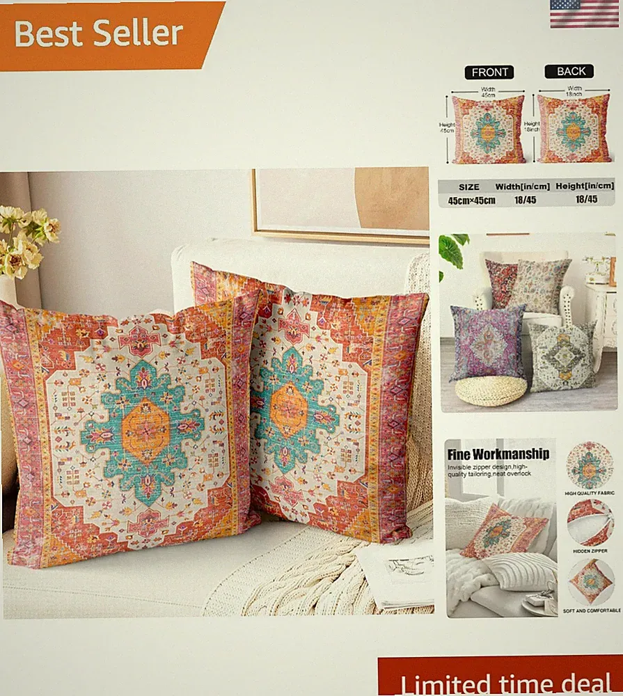 Boho Chic Pillow Cases 18x18 - Soft Plush Covers for Couch & Bed - Set of 2
