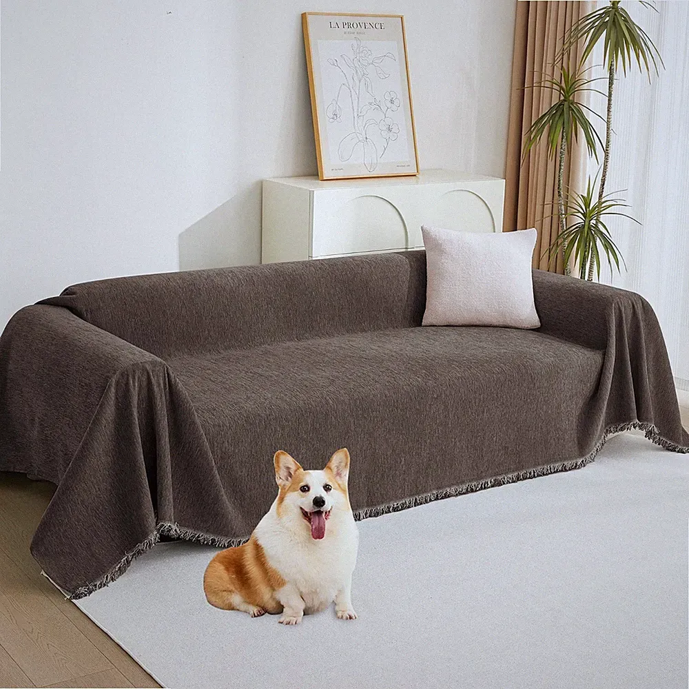 Boho Chocolate Sofa Cover with White Tassels - Farmhouse Couch Protector for Dog