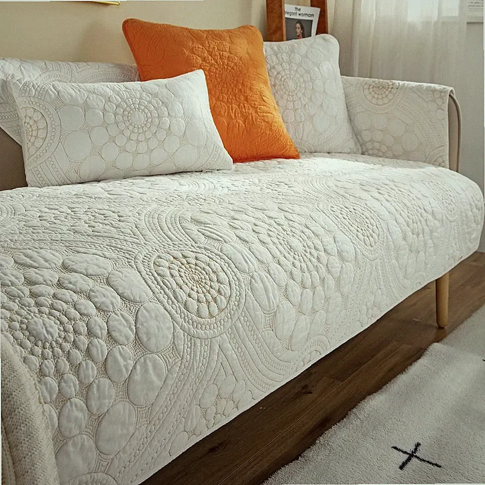 Boho Circle Embroidery Couch Sofa Cover Solid Color Cotton Quilted Non-Slip S...