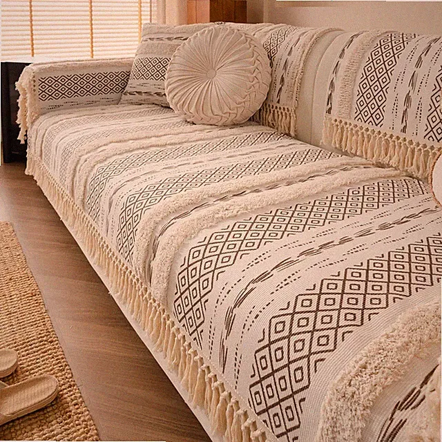 Boho Cotton Linen Sofa Cover with Handmade Tassels Farmhouse Rustic Thick Tuf...