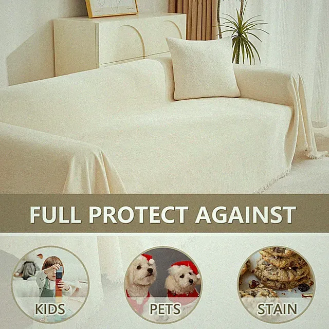 Boho Couch Cover Beige Sofa Covers with White Tassel Farmhouse Sofa Slipcover...
