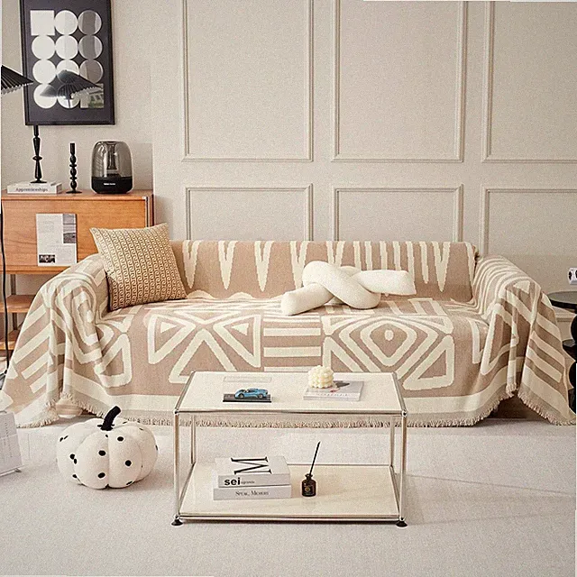Boho Couch Cover Chenille Khaki Living Room Furniture Protector, XXL 71''x150''