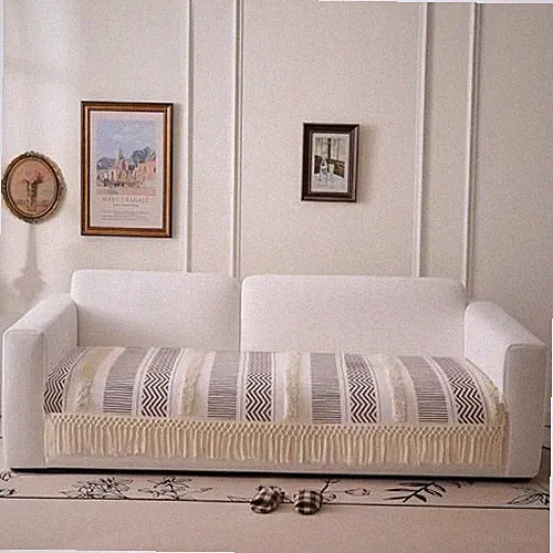 Boho Couch Cover Cotton Linen Tufted Sofa Cover 35.4"x82.7" 01: Stripe Coffee