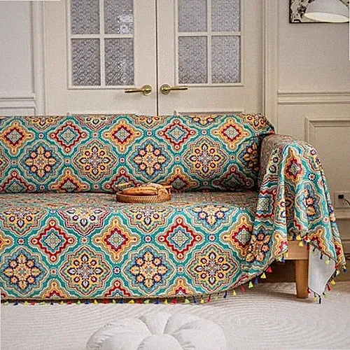 Boho Couch Cover with Tassels, Washable 3-Seater Sectional 71*118 Blue Geometry