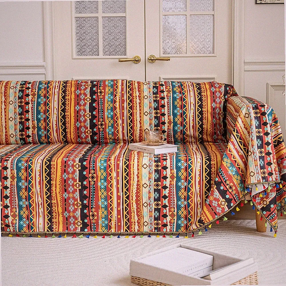 Boho Couch Cover with Tassels, Washable 3-Seater Sectional Sofa Cover for Liv...
