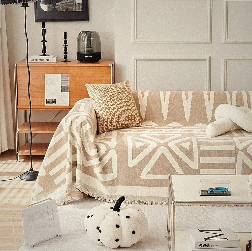 Boho Couch Covers for Sectional Sofa, Washable Chenille Protector, Khaki