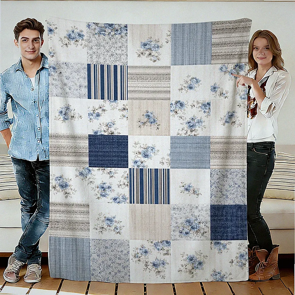 Boho Country Blue Plaid Pattern Soft Cozy Flannel Blankets Sofa Couch Bed Gifts
