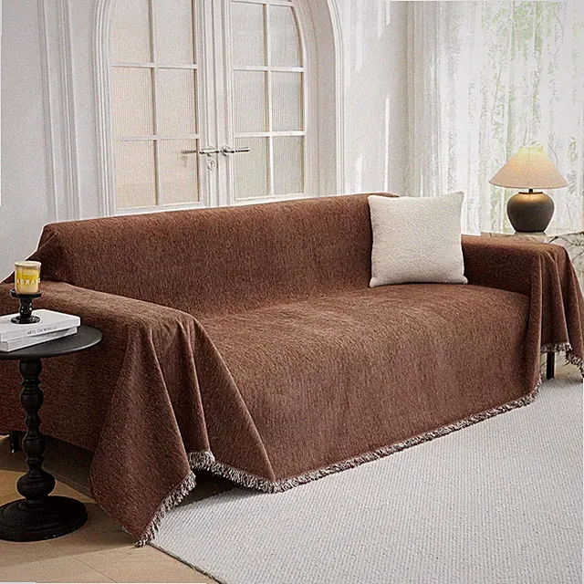 Boho Dog Sofa Cover for 2 Cushions, Soft Washable with Tassels, Chocolate 71"x11