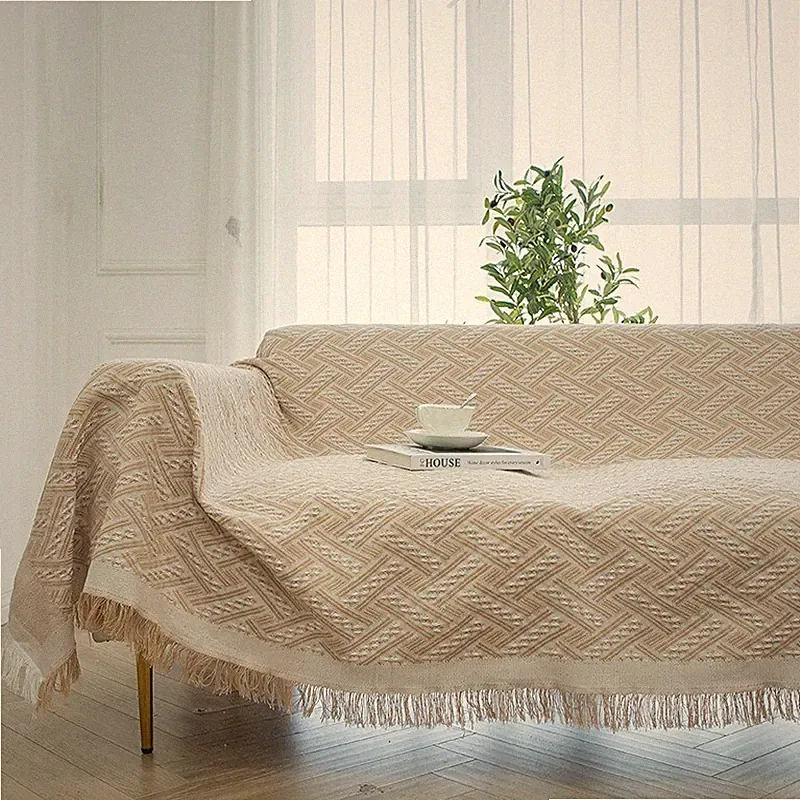 Tasseled Knit Sofa Throw Blanket Khaki Geometric Pattern for Couch Bed Decor