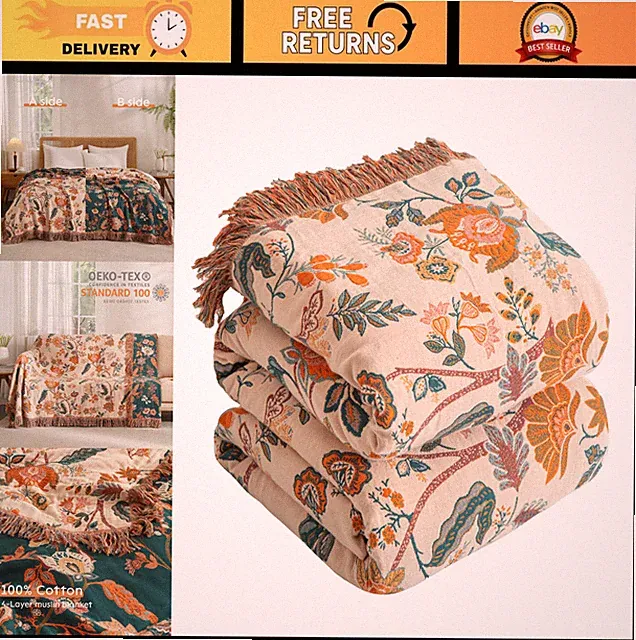 Boho Floral Throw Blanket 60"x80" - 100% Cotton Muslin Quilt for Couch & Bed