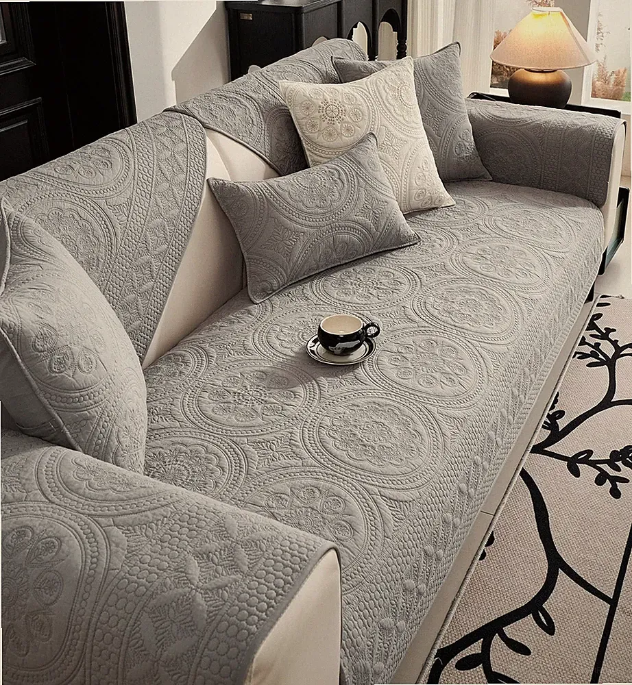 Boho Geometric Embroidery Couch Cover Soft Cotton Quilted Anti Slip Sectional...