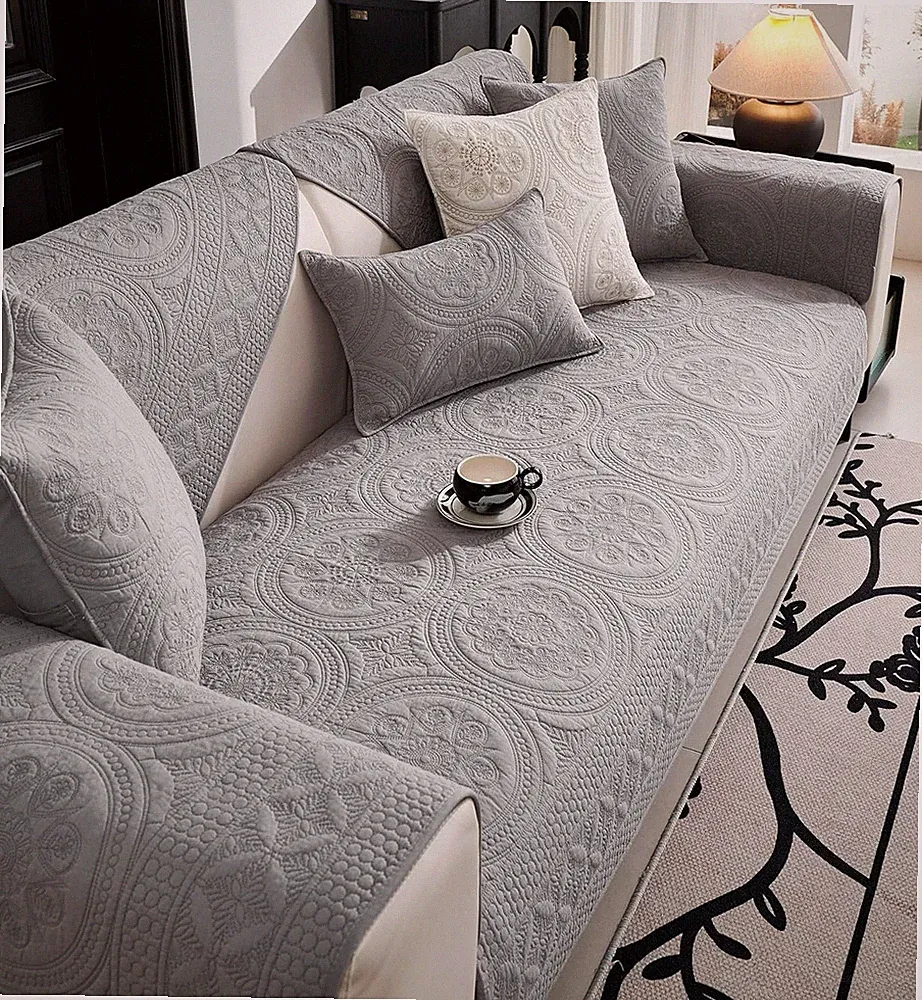 Boho Geometric Embroidery Couch Cover Soft Cotton Quilted Anti Slip Sectional Co