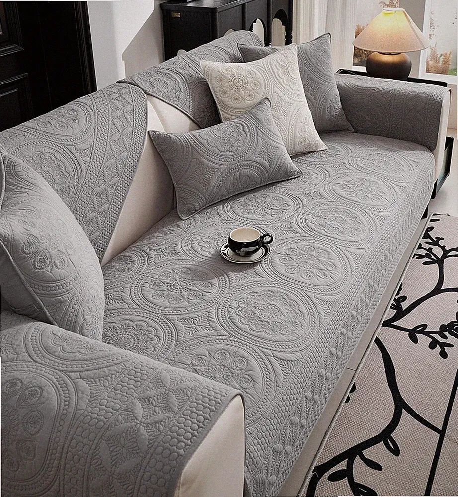 Boho Geometric Embroidery Couch Cover Soft Cotton Quilted Anti Slip Sectional...