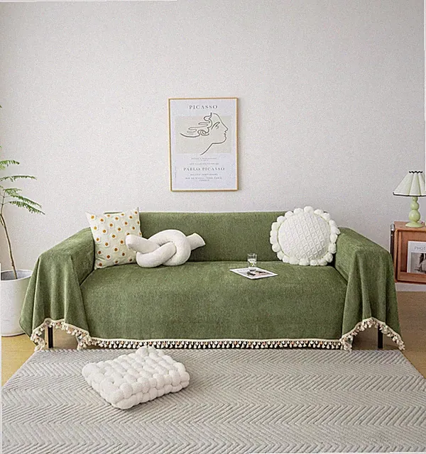 Boho Green Sofa Cover for Dogs - Vintage Herringbone 91"x150" Couch Protector