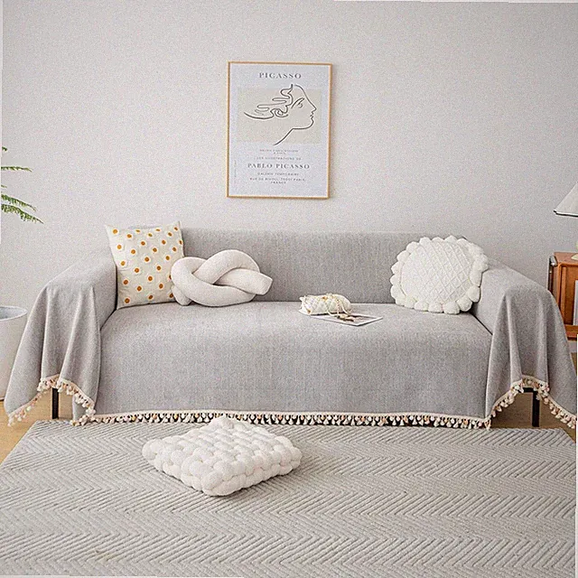 Boho Grey Sofa Cover for 3 Seat Couch - Chenille Herringbone with Tassels