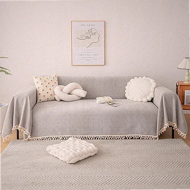 Boho Grey Sofa Cover for 3-Seater Couch with Tassels - 91"x118" Herringbone