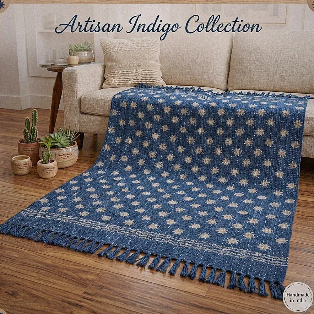 Boho Handwoven Indigo Cotton Throw Blanket, Sofa, Bed, Block Printed Throws
