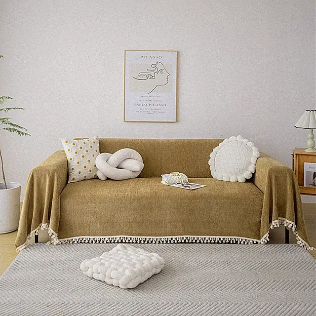 Boho Mustard Yellow Pet Couch Covers - Chenille Tassel Sofa Protector 91"x134