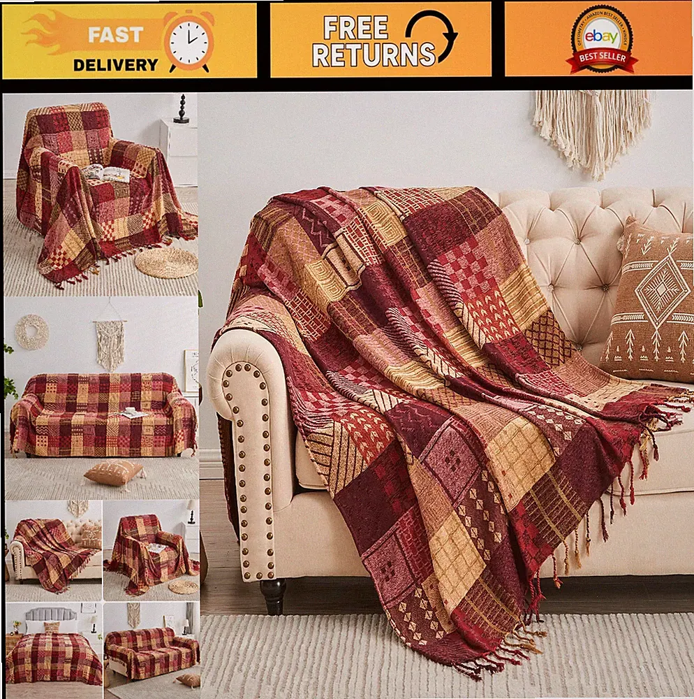 Boho Patchwork Throw Blanket, Soft Chenille Sofa & Bed Cover, Tassel Decor 60"x7