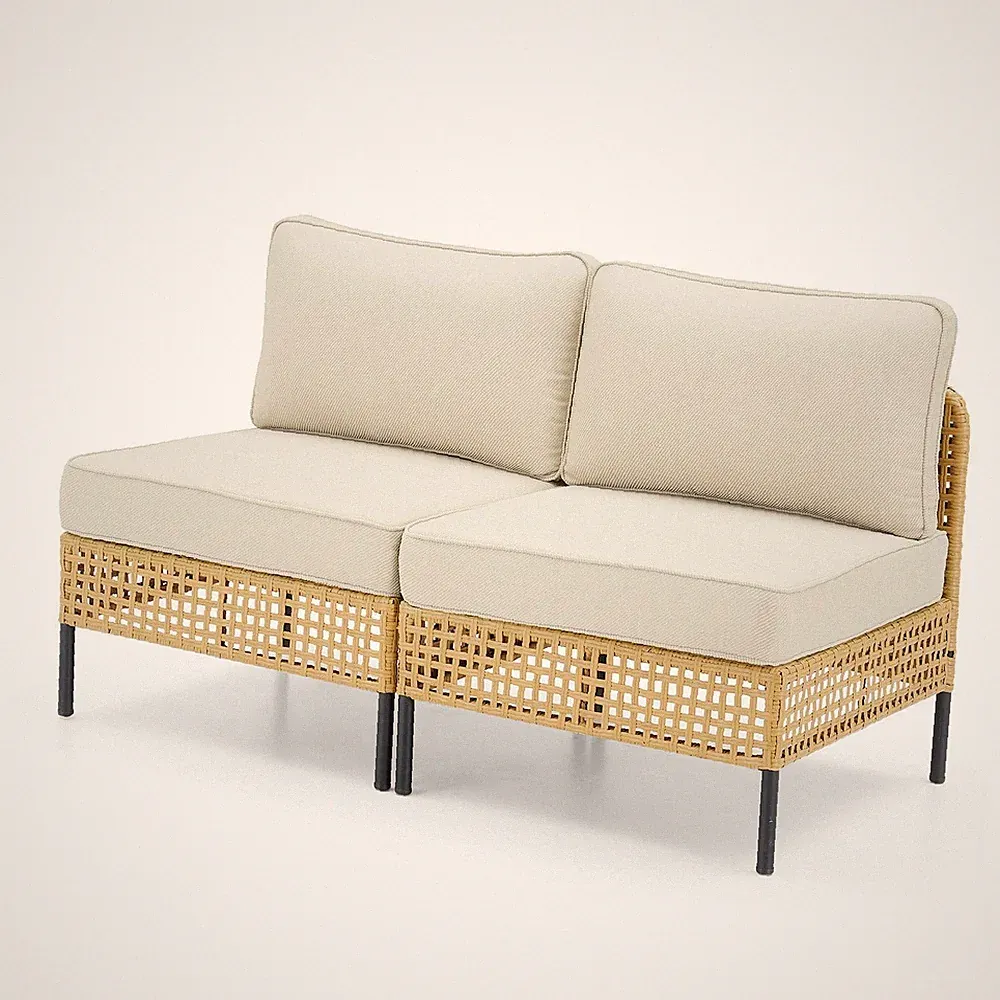 Boho Patio Sectional Sofa Set, Natural Wicker Outdoor Loveseat with Beige