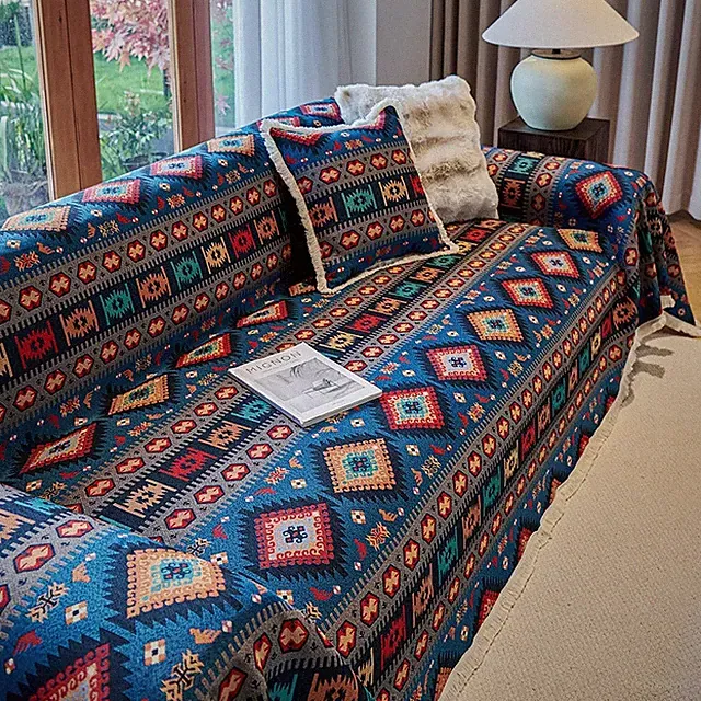 Boho Retro Sofa Cover Cotton and Linen Cloth Anti-Slip Anti-Dirty All-Season
