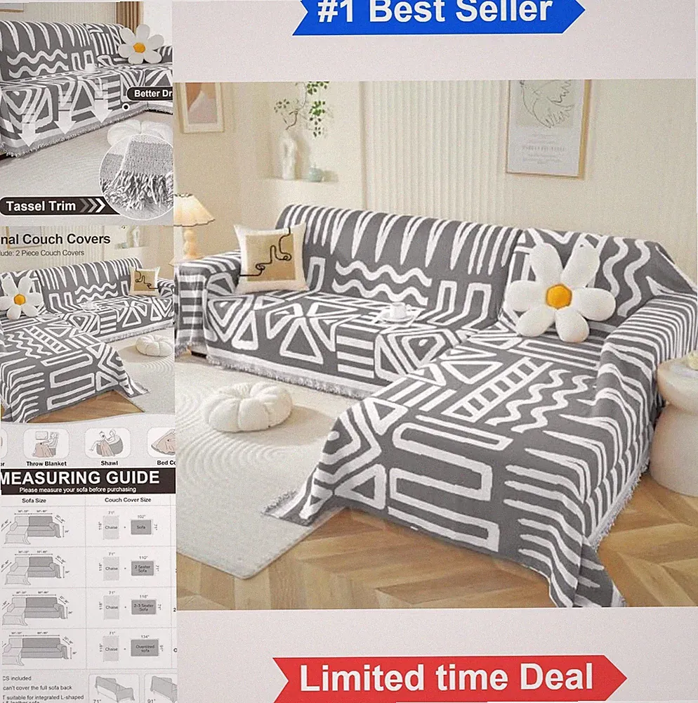 Boho Sectional Couch Cover 2 Piece L Shaped Sofa Slipcover Chenille Washable