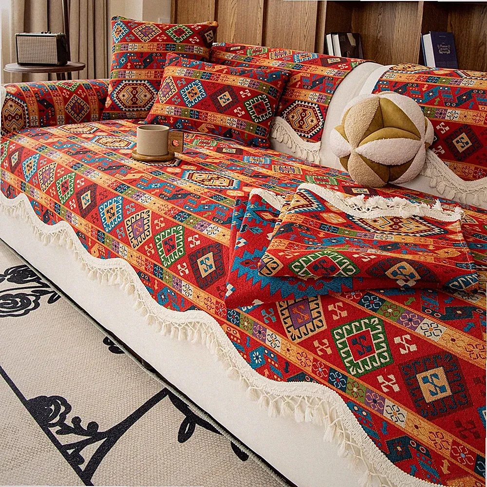 Boho Sectional Sofa Cover, Non Slip Geometric Scalloped Edge Couch Protector...