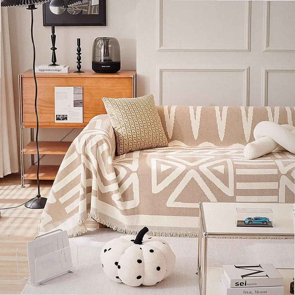 Boho Sofa Cover for Sectional - Washable Chenille Protector with Tassels 91"x150