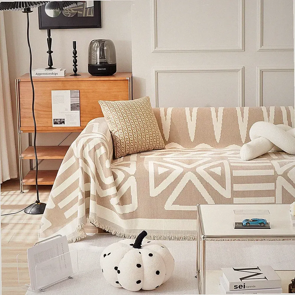 Boho Sofa Covers for Sectional Couch, Washable Chenille, Khaki with Tassels