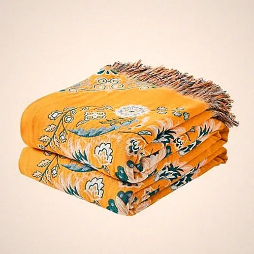 Boho Throw Blanket, 100% Cotton Ultra Soft Luxury 80x90 Inch K-flowers Yellow