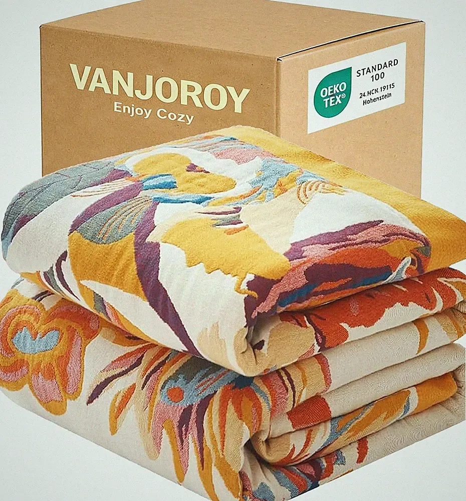 Boho Throw Blanket, 100% Organic Cotton 50x60 for Couch Bed, Beige | Cozy Ultra