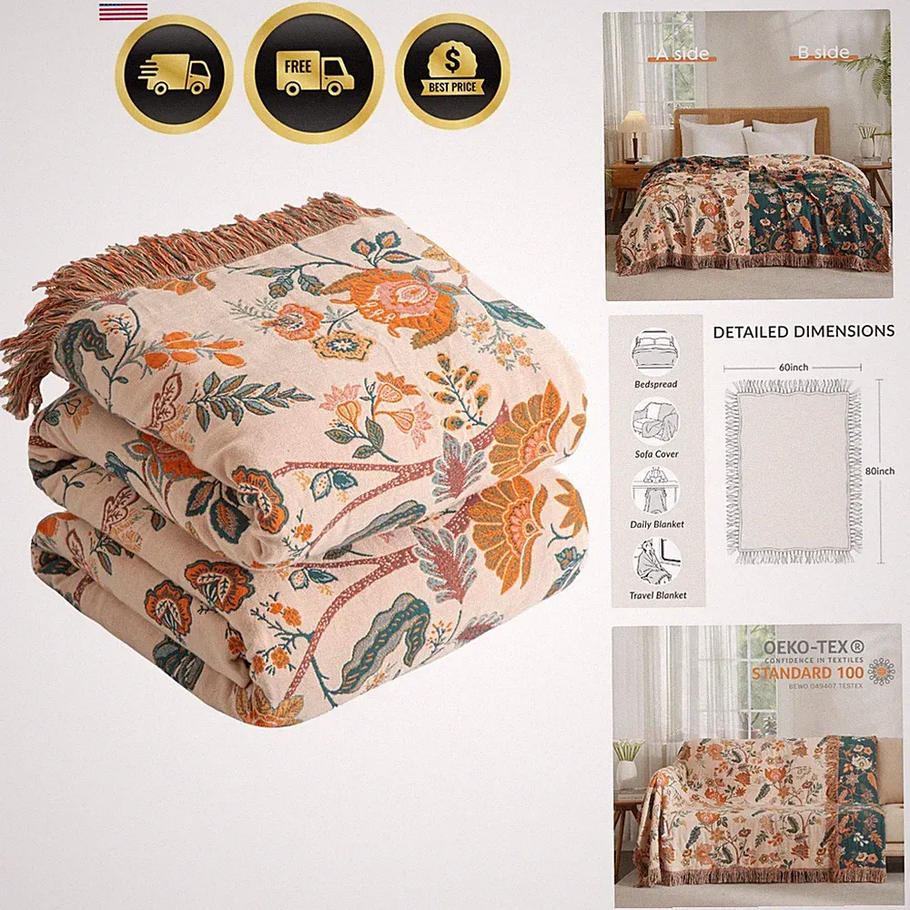 Boho Throw Blanket for Bed 60”x80”, 100% Cotton Blanket for Couch Sofa