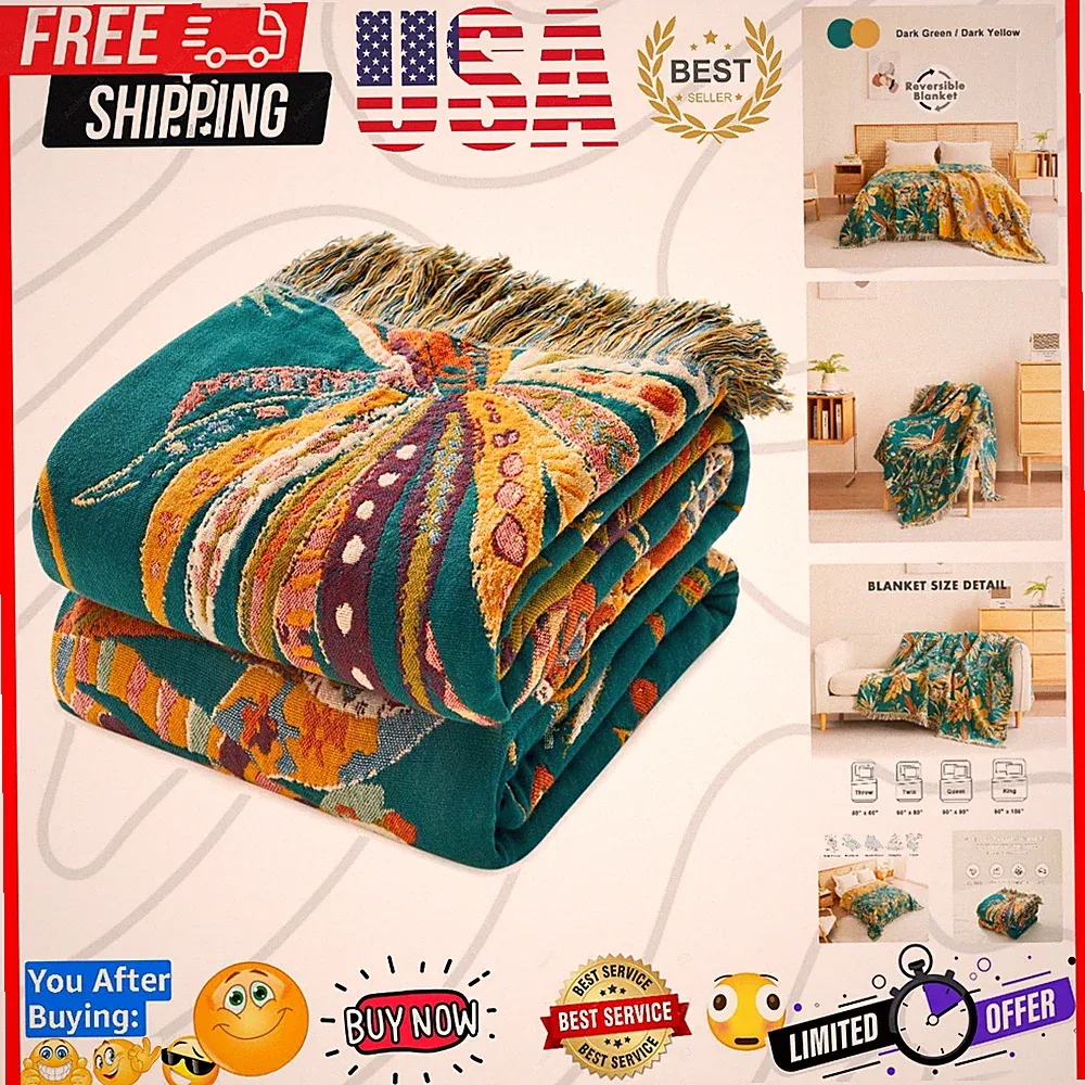 Boho Throw Blanket for Couch 100% Cotton Embroidery Blanket 50"x60" Sofa Bed...