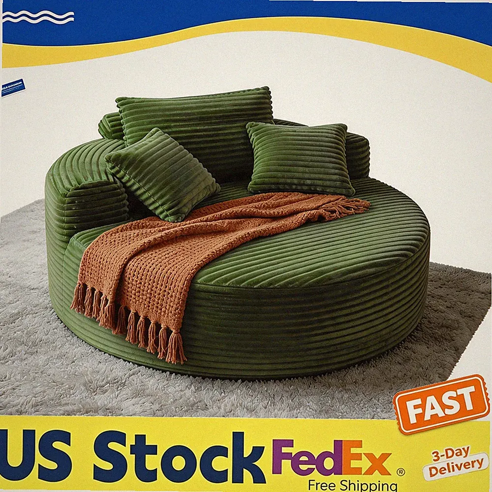Boneless 55" Round Corduroy Lounge Chair, Comfy Sofa Bed Green for Living Room