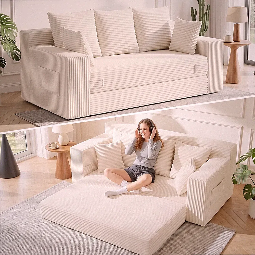 Boneless Couch 3 Seater Convertible Sofa Bed Box Folding Pull Out Corduroy Beige
