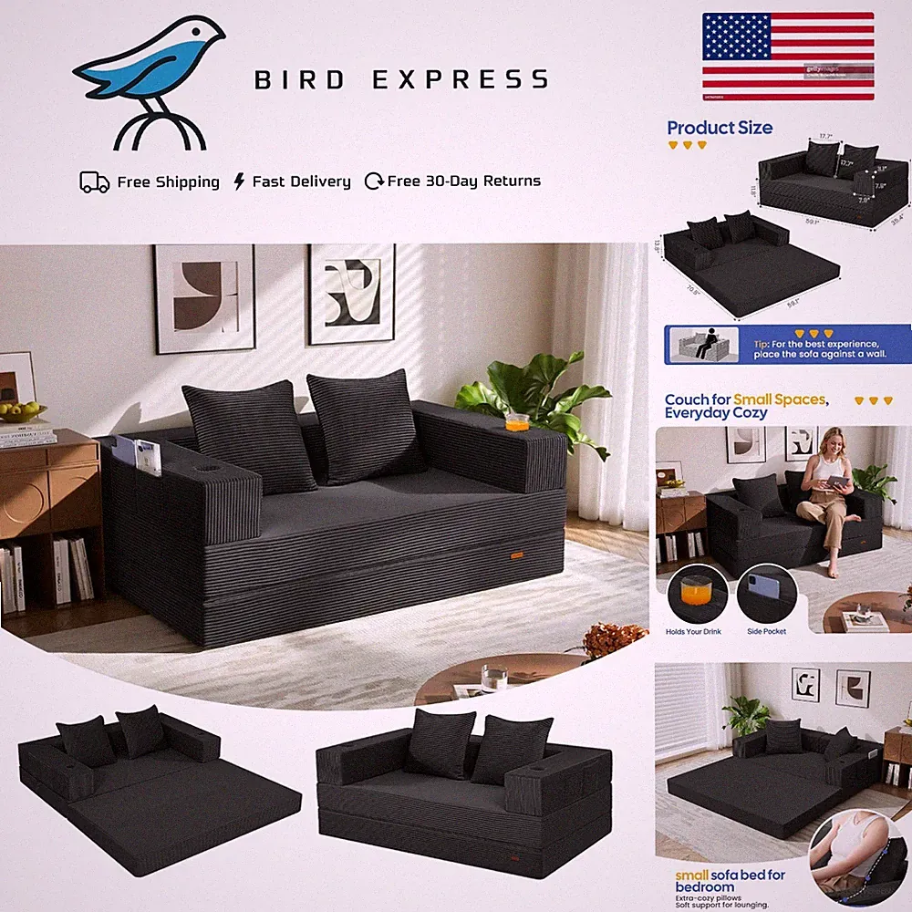 Boneless Couch 4-in-1 Convertible Futon Sofa Bed L-Shaped Loveseat Black