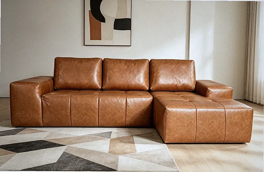 Boneless Couch Brown Faux Leather Cloud Sofa Sectional Sofa Couch w/Chaise