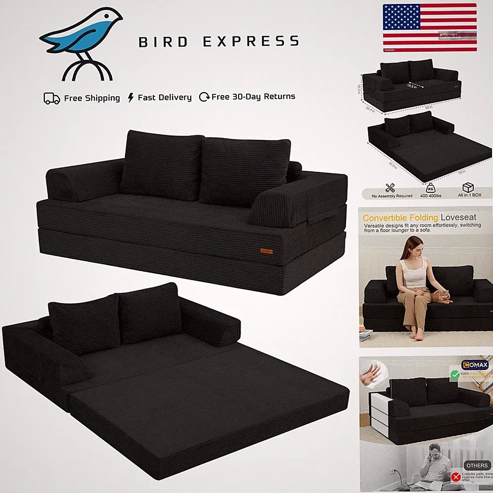 Boneless Couch Convertible futon sofa bed with pillows, corduroy, space-saving