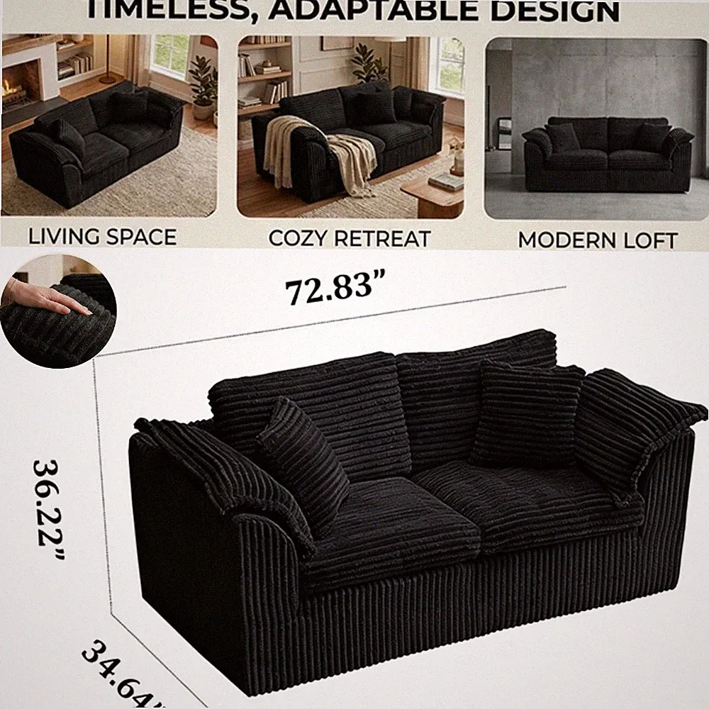 Boneless Couch Loveseat Sofa Sectional Corduroy Cloud 2Seat Sofa for Living Room