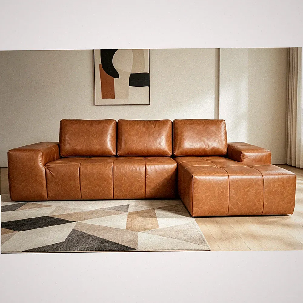 Boneless Couches for Living Room, Brown Faux Leather Cloud Sectional Couches