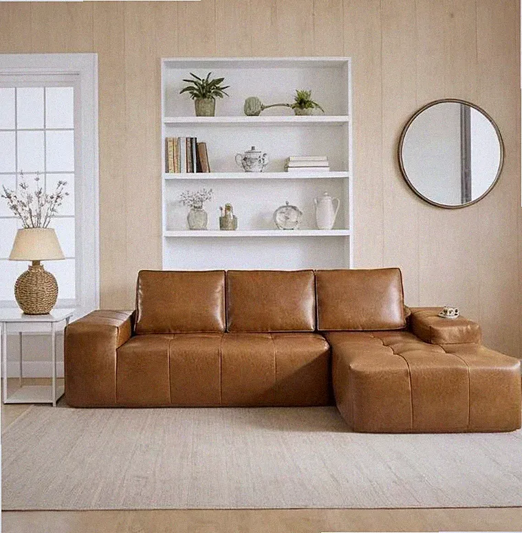 Boneless Couches for Living Room, Brown Faux Leather Cloud Sectional Couches w