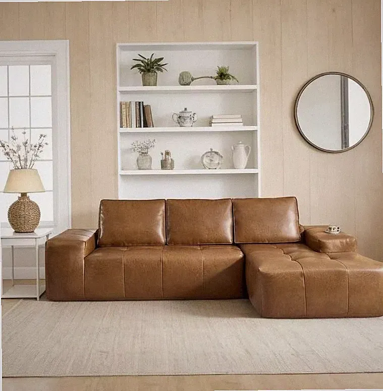 Boneless Couches for Living Room, Brown Faux Leather Cloud Sectional Couches wi