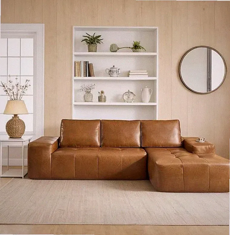 Boneless Couches for Living Room, Brown Faux Leather Cloud Sectional Couches wit